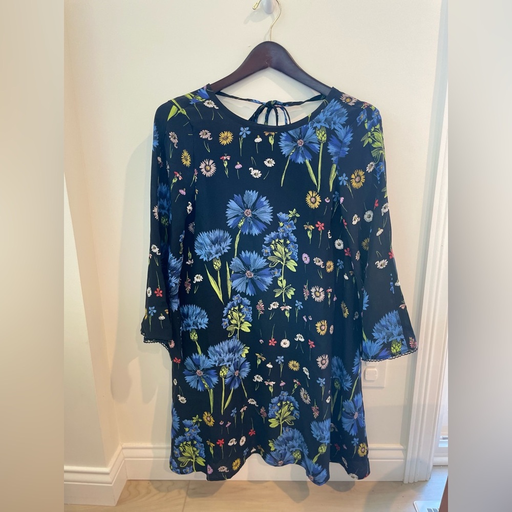 Anthro Maeve Black Floral Shift Dress Blue Yellow Mini 3/4 Sleeve - Picture 3 of 5